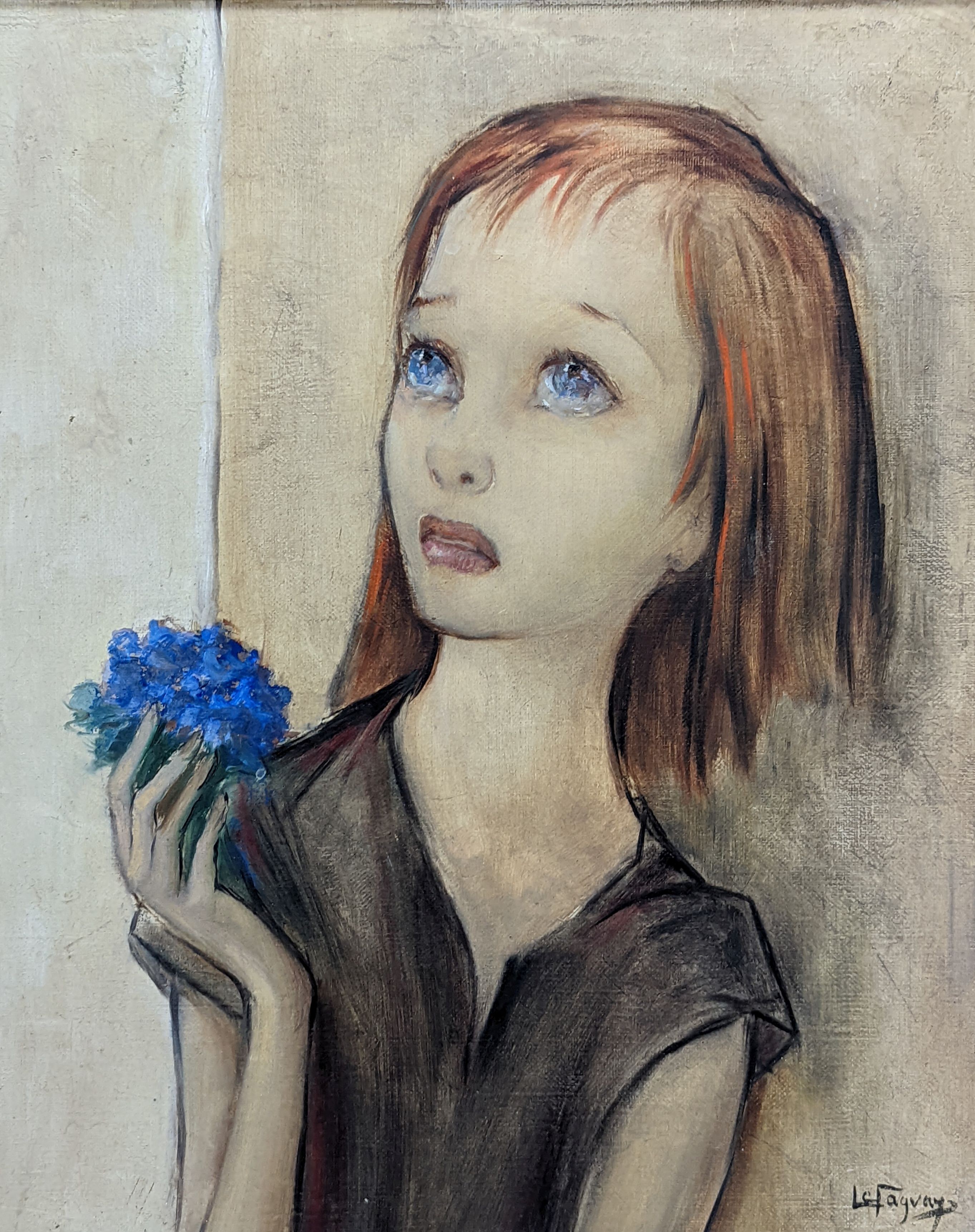 Le Faguays, oil on canvas, Girl holding a posy of flowers, signed, 40 x 32cm